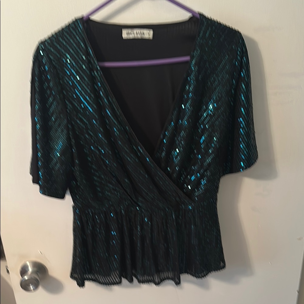 Grace Karin Green Sequin Wrap Peplum Blouse